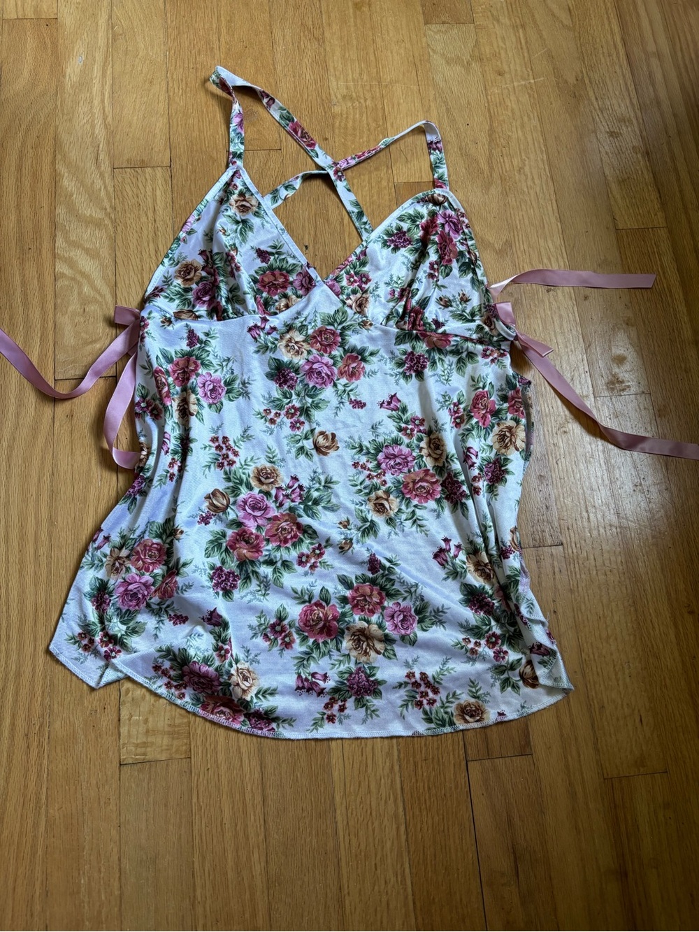 Petra Fashions Vintage Floral Satin Camisole M — Ribbon Tie Open Sides